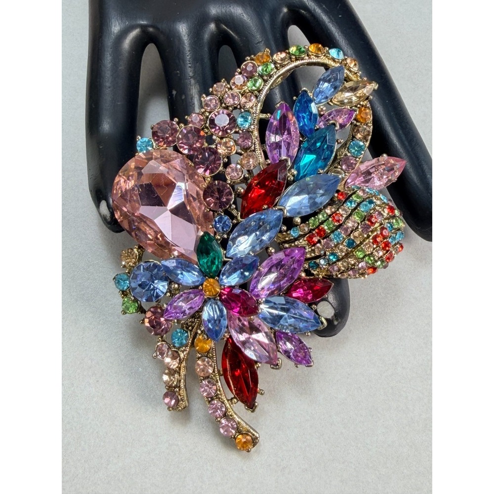 MASSIVE Rainbow Rhinestone Brooch Art Glass Crystal Statement Runway